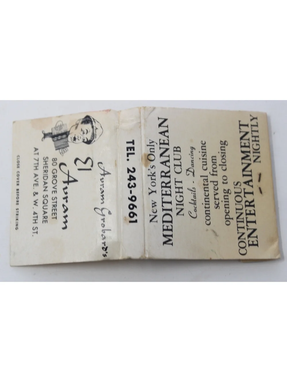 Vintage 60s Matchbook Avram Grobard's El Avram New York Mediterranean Night Club